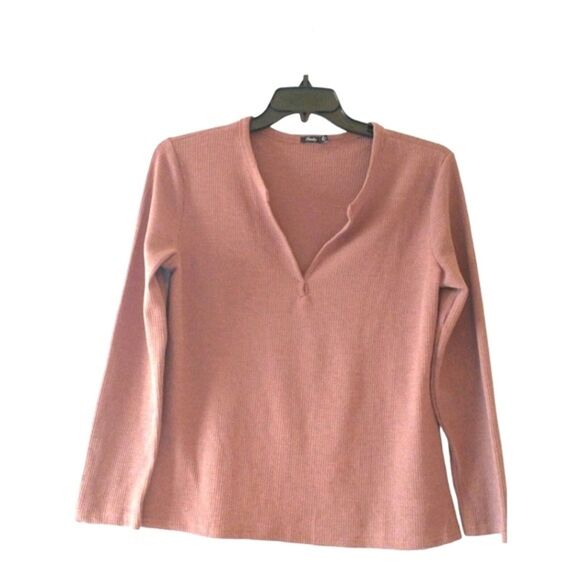 Woman's Waffle Knit Henley Top V-Neck Neutral Brown XL Gorpcore Fall Normcore - Picture 4 of 12